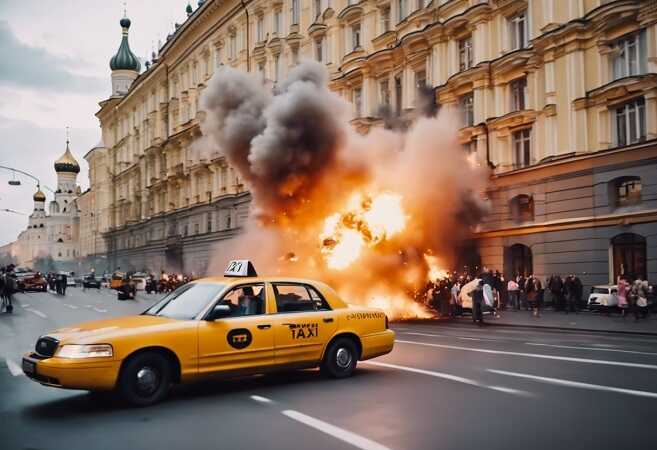 Взрыв автомобиля такси в Москве попал на видео