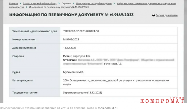 Замоскворецкий суд принял заявление от истца 13 декабря